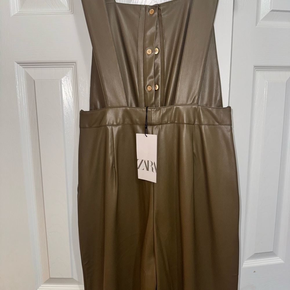 ZARA Olive Green Faux Leather Overalls